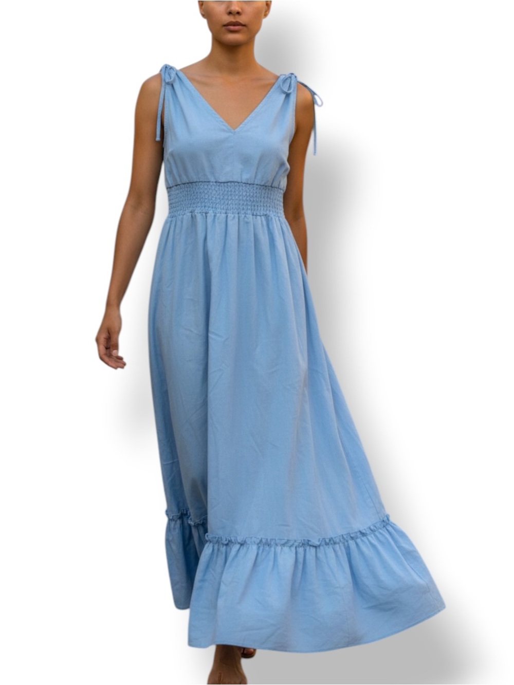 Linen summer dress Deluc. Blue smocked empire waist - Canadian sz XS S M L‎
